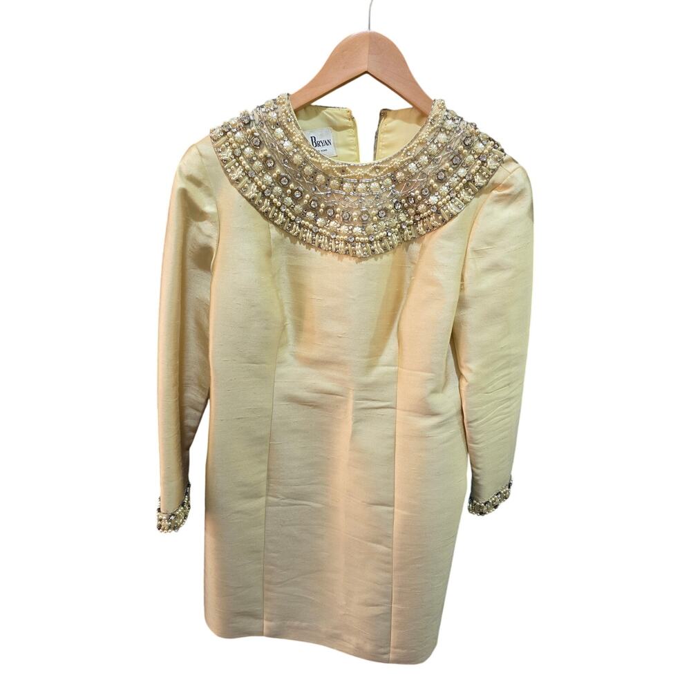 VTG 60s Jack Bryan Silk Shift Dress Jeweled Collar Cuffs Pastel Yellow Womens 12